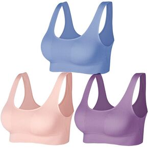 JEMINAY Ribbed Bralettes for Women Yoga Sport Bras Wireless Sleep Bras with Removable Pads 3 Pack
