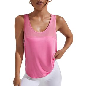 OYOANGLE Women's Contrast Mesh Insert Sleeveless Racer Back Sports Tank Top Solid Workout Athletic Top