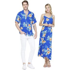 Matchable Couple Hawaiian Luau Shirt or Sweetheart Maxi Dress in Hibiscus Blue
