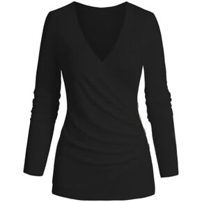 DRESSFO Womens Long Sleeve Shirts Wrap Tops V Neck Casual Rhched Top Tunic Blouses