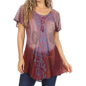 Sakkas Marzia Women's Loose Fit Short Sleeve Casual Tie Dye Batik Blouse Top Tunic