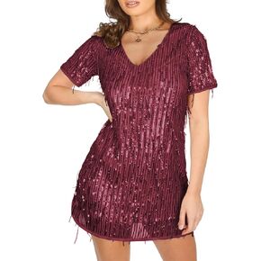 ZAFUL Women's Sequin Dress Sparkly Glitter Tassel Sexy V Neck Short Sleeve Bodycon Dress Sparkle Cocktail Party Club Dress