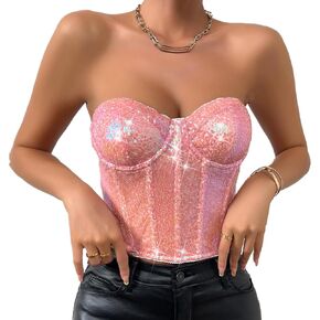 Women Sexy Sparkly Sequin Tube Crop Top Sleeveless Zipper Tank Top for Rave Festival