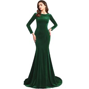 Jewel Neck Velvet Long Sleeves Evening Prom Dresses Mermaid Court Train Party Gowns Formal Zipper Back pp124