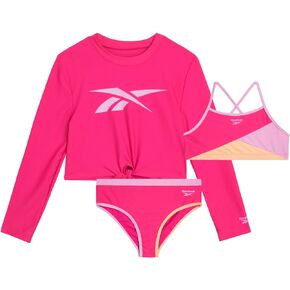 Reebok Girls' Rash Guard Set - 3 Piece UPF 50+ Long Sleeve Swim Shirt with Bikini Swimsuit - Swimwear Set for Girls (4-12)