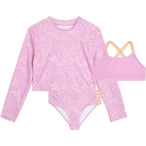 Reebok Girls' Rash Guard Set - 3 Piece UPF 50+ Long Sleeve Swim Shirt with Bikini Swimsuit - Swimwear Set for Girls (4-12)