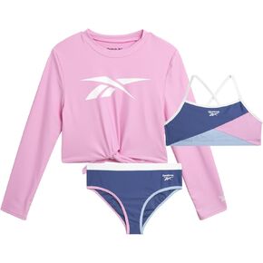 مجموعة Rash Guard للفتيات من ريبوك - 3 قطع قميص سباحة بأكمام طويلة بعامل حماية من الأشعة فوق البنفسجية 50+ مع بدلة سباحة بيكيني - مجموعة ملابس سباحة للفتيات (4-12)
