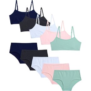 Rene Rofe Girls' Training Bra Set - 10 Piece Cotton Cami Bralette and Hipster Briefs (M-XL)
