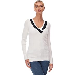 AmélieBoutik Women Casual Color Trim V Neck Long Sleeve Ribbed Sweater Tops