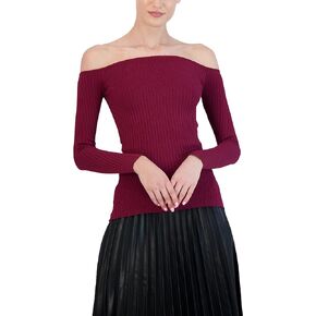 BCBGMAXAZRIA Women's Fitted Ribbed Sweater Off The Shoulder Long Sleeve Sculpted Neck Top