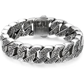 COOLSTEELANDBEYOND Stainless Steel Curb Chain Bracelet for Men, Sturdy and Large, Tribal Tattoo Pattern Fancy, Polished
