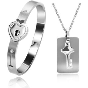 Titanium Stainless Steel Lock Bangle Bracelet with Key Pendant Necklace Set Romantic Valentines Gifts for Boyfriend and Girlfriend
