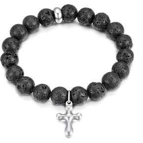 10MM Vocalnic Lava Stone Beads Elastic Bangle Bracelet with Dangling Stainless Steel Cross Charm, Religion Prayer, Fashion, Mens Womens