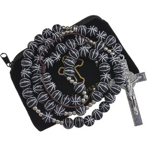SALOMOCA Basketball Bead Rosary Sports Rosary Necklace Catholic Rosary with Crucifix Cross Pendant Baptism Birthday Gift for Men Boys in Customized Velvet Bag
