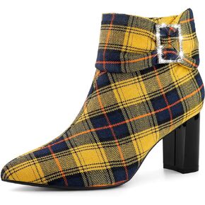 Perphy Plaid Pointy Toe Rhinestone Bow Zipper Chunky Heels Ankle Boots for Women
