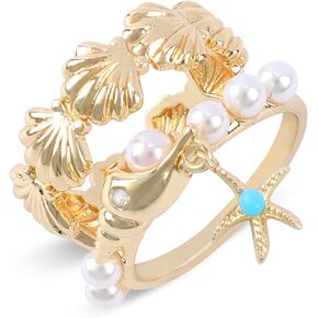 Chicgrowth Shell Ring for Women Double Layer 14k Gold Plated Seashell Pearl Ring with Starfish Dangle Ocean Theme Stackable Ring for Teen Girls Handmade Bohemian Beach Rings Gift for Ocean Lovers