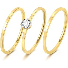 18K Gold Plated Stacking Ring for Women,1mm Stainless Steel Dainty Round Cut Cubic Zirconia Solitaire Ring for Engagement Promise Wedding Band,3pcs Stackable Ring Set