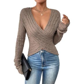 WDIRARA Women's Wrap Deep V Neck Criss Cross Cable Knit Long Sleeve Sweater Asymmetrical Pullovers