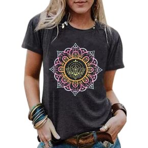 Mandala Shirts Women Lotus Flower Graphic Tees Shirts Short Sleeve Summer Casual Tops Blouse