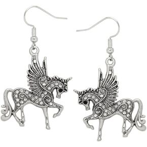 DianaL Boutique Large Beautiful Silver Tone Rhodium Plated Pegasus Unicorn Horse Dangle Earrings Gift Boxed