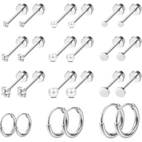 SAILIMUE 12 Pairs Tiny Stud Hoop Earrings for Women Men 18K Stainless Steel Flat Back Earrings CZ Ball Pearl Small Stud Hoop Cartilage Earrings Sets for Multiple Piercings