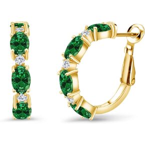 Gem Stone King 18K Yellow Gold Plated Silver Green Created Emerald and White Lab Grown Diamond Hoop Earrings For Women (3.03 Cttw, Oval 6X4MM, Round 2MM)