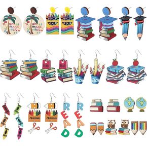 Ferreve 16 Pairs Wooden Book Earrings Teacher Earrings for Women Pencil Drop Dangle Earrings Back to School Earrings for Teacher Students Graduation Appreciation Gifts for Women Girls