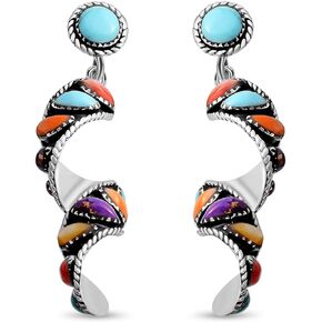 SHOP LC SANTA FE Style Blue Turquoise Dangle Earrings for Women 925 Sterling Silver Swirl Western Jewelry Boho Gifts for Her Boho Western Birthday Gifts