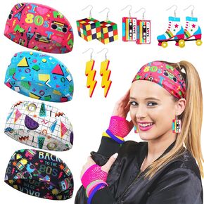 80S 90S 4 Pairs Retro Earrings & 4 Pcs Headbands 80S Stylish Accessories For Women Girl Neon Earrings Cassette Tape Acrylic Drop Dangle 90S Hair Accessories Vintage Headbands Soft Elastic Sweat