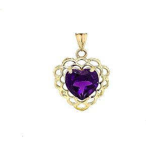 Certified 14k Gold Genuine Amethyst Filigree Heart-Shaped Pendant