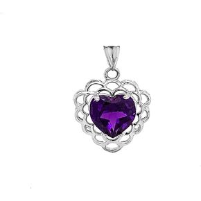 Certified 14k Gold Genuine Amethyst Filigree Heart-Shaped Pendant