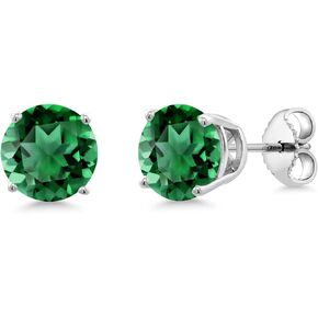 Gem Stone King 925 Sterling Silver Green Simulated Emerald Stud Earrings For Women (2.44 Cttw, Round 7MM)