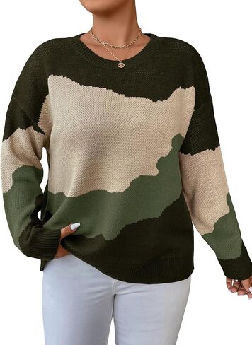 GORGLITTER Women's Plus Color Block Sweater Long Sleeve Crewneck Pullover Sweaters in Saudi Arabia