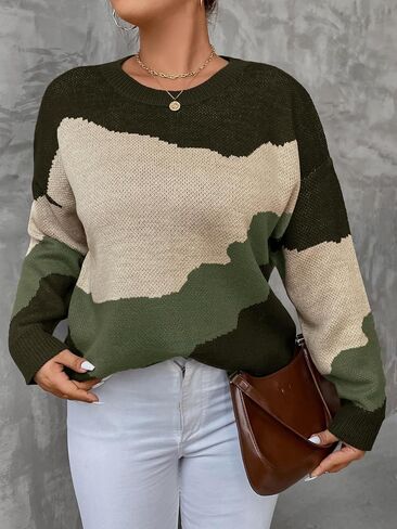 GORGLITTER Women's Plus Color Block Sweater Long Sleeve Crewneck Pullover Sweaters in Saudi Arabia