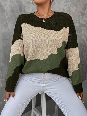 GORGLITTER Women's Plus Color Block Sweater Long Sleeve Crewneck Pullover Sweaters in Saudi Arabia