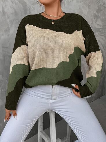 GORGLITTER Women's Plus Color Block Sweater Long Sleeve Crewneck Pullover Sweaters in Saudi Arabia