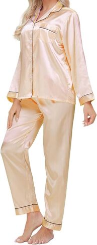 طقم بيجامات حريمي من الساتان والحرير مكون من 5 قطع من MORFORU، قميص بأزرار وأكمام طويلة وسروال قصير وقناع للعين وحلقة شعر in Kuwait