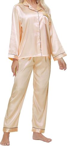 طقم بيجامات حريمي من الساتان والحرير مكون من 5 قطع من MORFORU، قميص بأزرار وأكمام طويلة وسروال قصير وقناع للعين وحلقة شعر in Kuwait