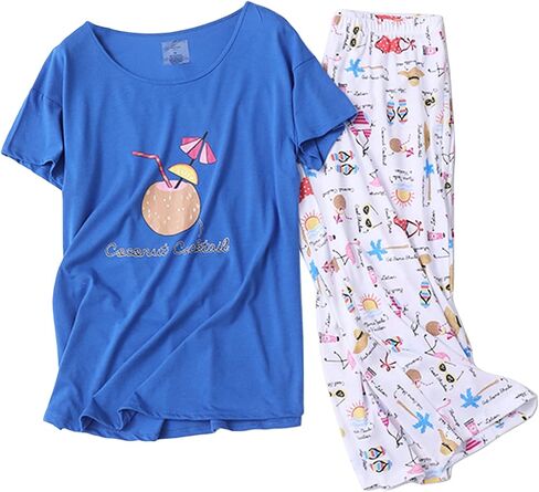 Women's Capri Pajama Set Short Sleeve Pant Pj Sleepwear Soft Cotten Blend Two Piece Pattern in Saudi Arabia