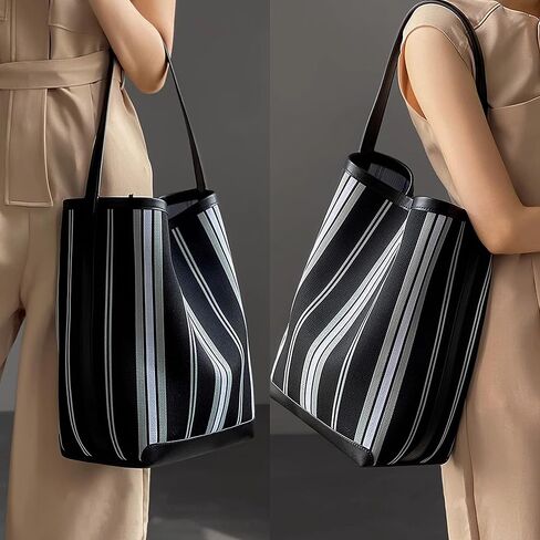 daiblueland Fashion Stripe Shoulder Handbag For Women Stylish Canvas Work Tote Bag With Inner Pouch in Kuwait