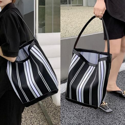 daiblueland Fashion Stripe Shoulder Handbag For Women Stylish Canvas Work Tote Bag With Inner Pouch in Kuwait