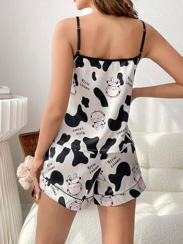 WDIRARA Women's Satin Cute 2 Piece Cow Print Camisole and Shorts Summer Pajamas Set in Saudi Arabia