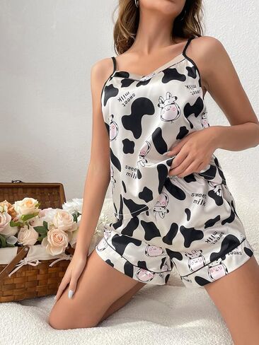 WDIRARA Women's Satin Cute 2 Piece Cow Print Camisole and Shorts Summer Pajamas Set in Saudi Arabia