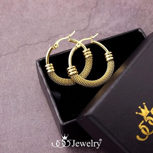 555Jewelry أقراط دائرية من الفولاذ المقاوم للصدأ شبكية مضفرة متوسطة الحجم للنساء in Saudi Arabia