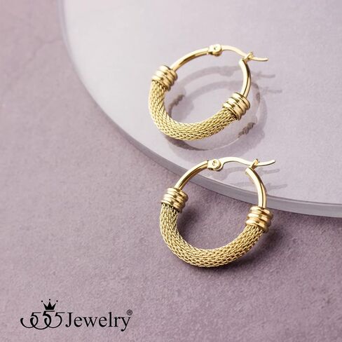 555Jewelry أقراط دائرية من الفولاذ المقاوم للصدأ شبكية مضفرة متوسطة الحجم للنساء in Saudi Arabia