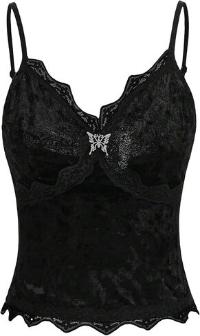 SOLY HUX Women's Lace Trim Velvet Cami Top Y2k Camisole Spaghetti Strap Outgoing Top Shirts in Saudi Arabia