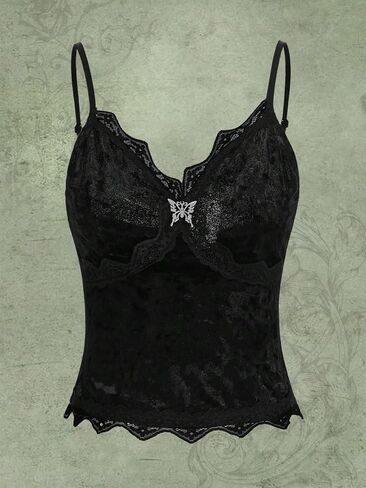 SOLY HUX Women's Lace Trim Velvet Cami Top Y2k Camisole Spaghetti Strap Outgoing Top Shirts in Saudi Arabia
