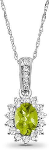 Sterling Silver Diamond and Oval Gemstone Halo Pendant Necklace (1/3 cttw, I-J Color, I2-I3 Clarity), 18" in Kuwait