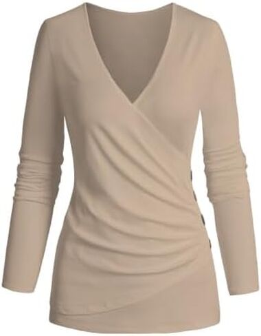 DRESSFO Womens Long Sleeve Shirts Wrap Tops V Neck Casual Rhched Top Tunic Blouses in Saudi Arabia