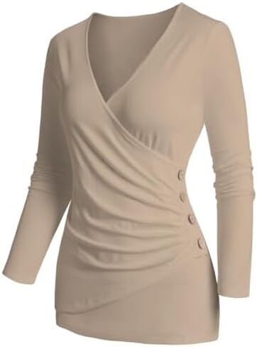 DRESSFO Womens Long Sleeve Shirts Wrap Tops V Neck Casual Rhched Top Tunic Blouses in Saudi Arabia